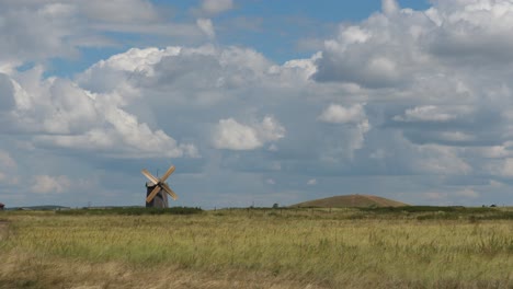 windmill in a field under a cloudy sky