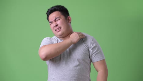 young handsome overweight asian man against green background