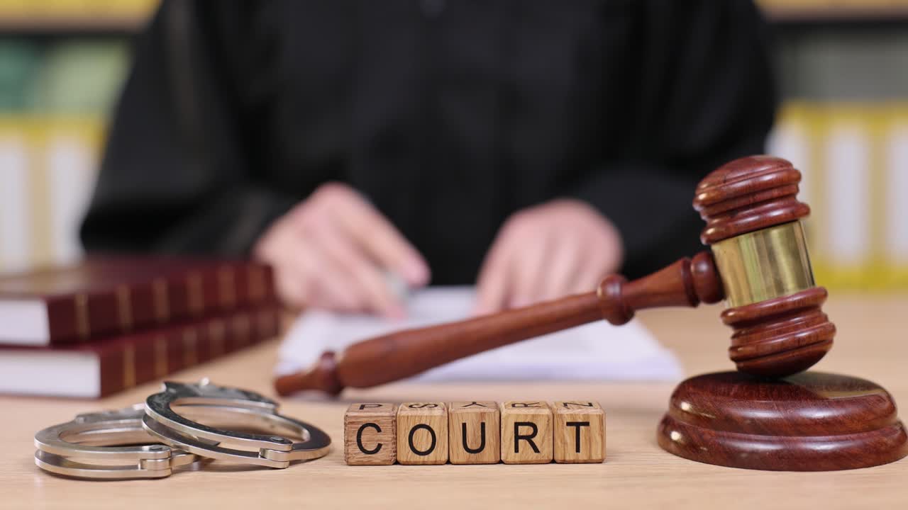 Courtroom Scene with Gavel, Handcuffs, and Books