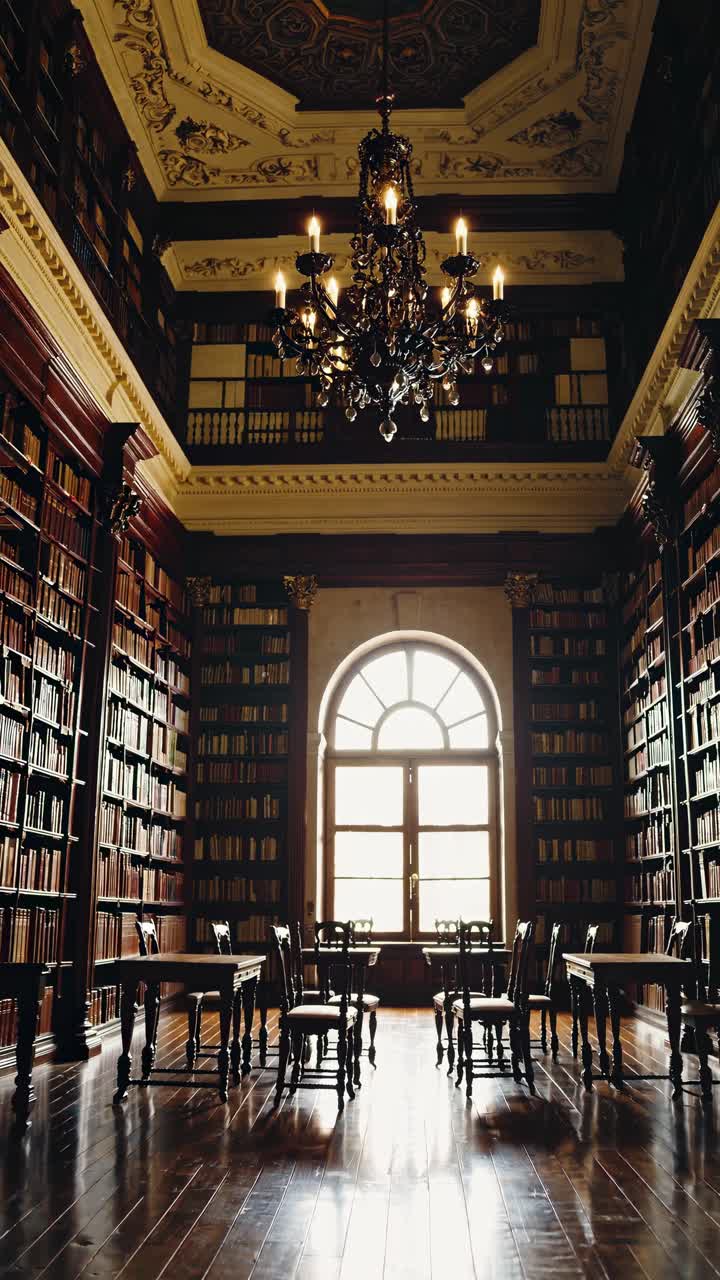 The video captures an elegant, vintage library with towering bookshelves and a grand chandelier