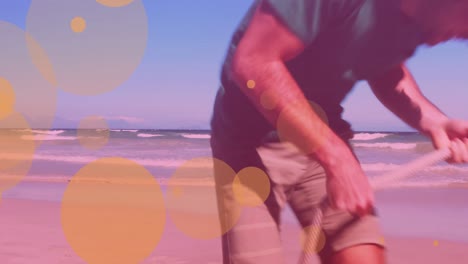 animación de bokeh sobre abuelo feliz, padre e hijo con cuerda en la playa