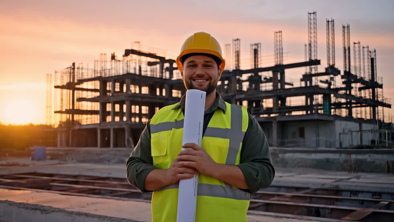 Construction Engineer at Sunset on a Building Site