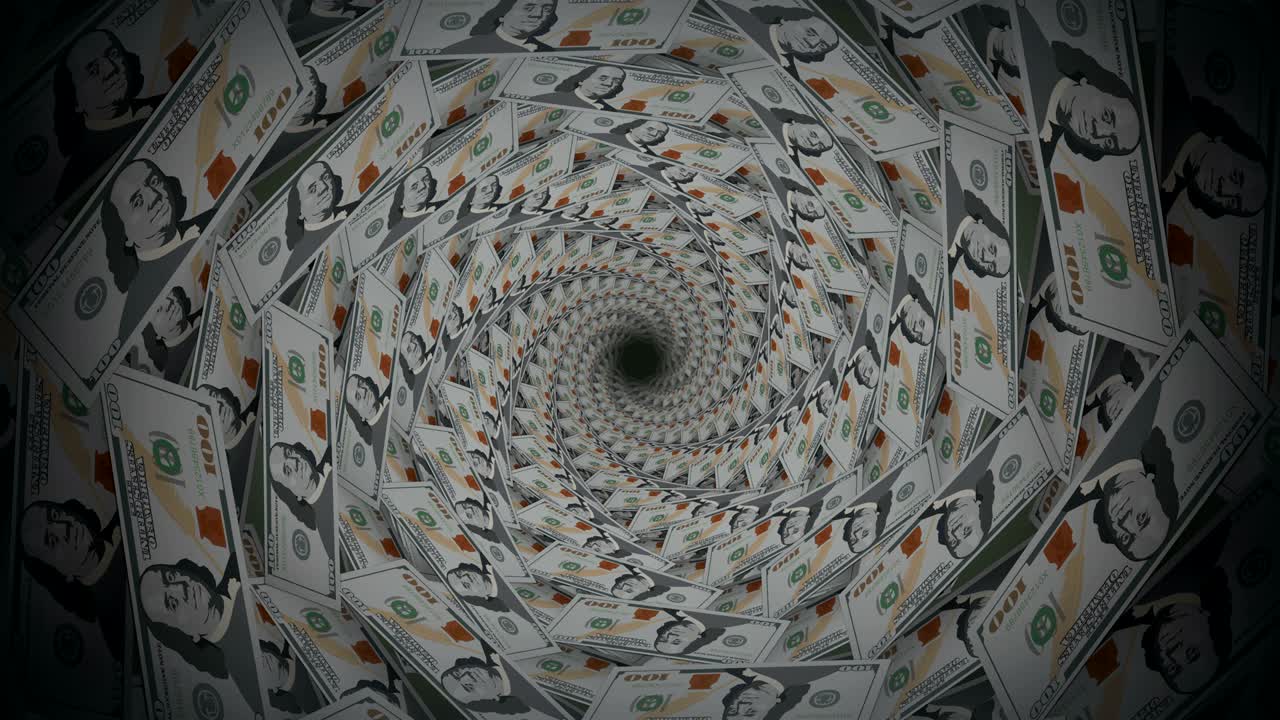 Vortice di denaro, banconote da cento dollari su sfondo a spirale, animazione in loop