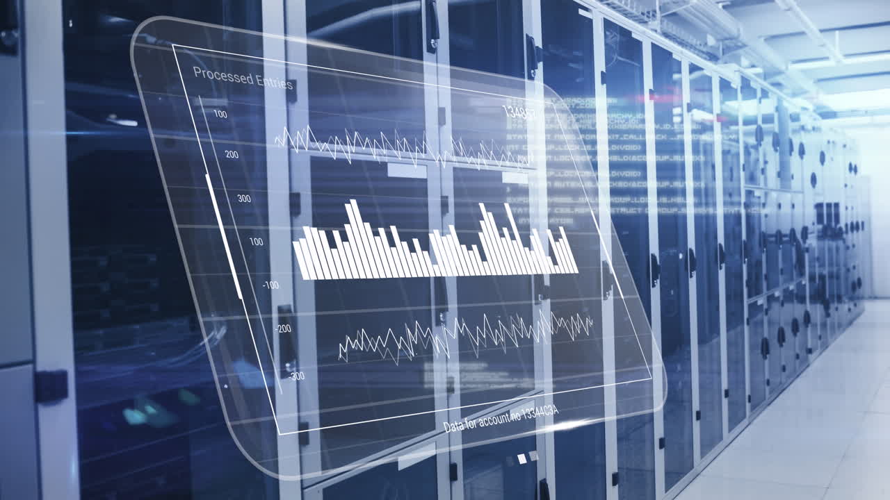 Animation of interface with data processing and light spots against computer server room