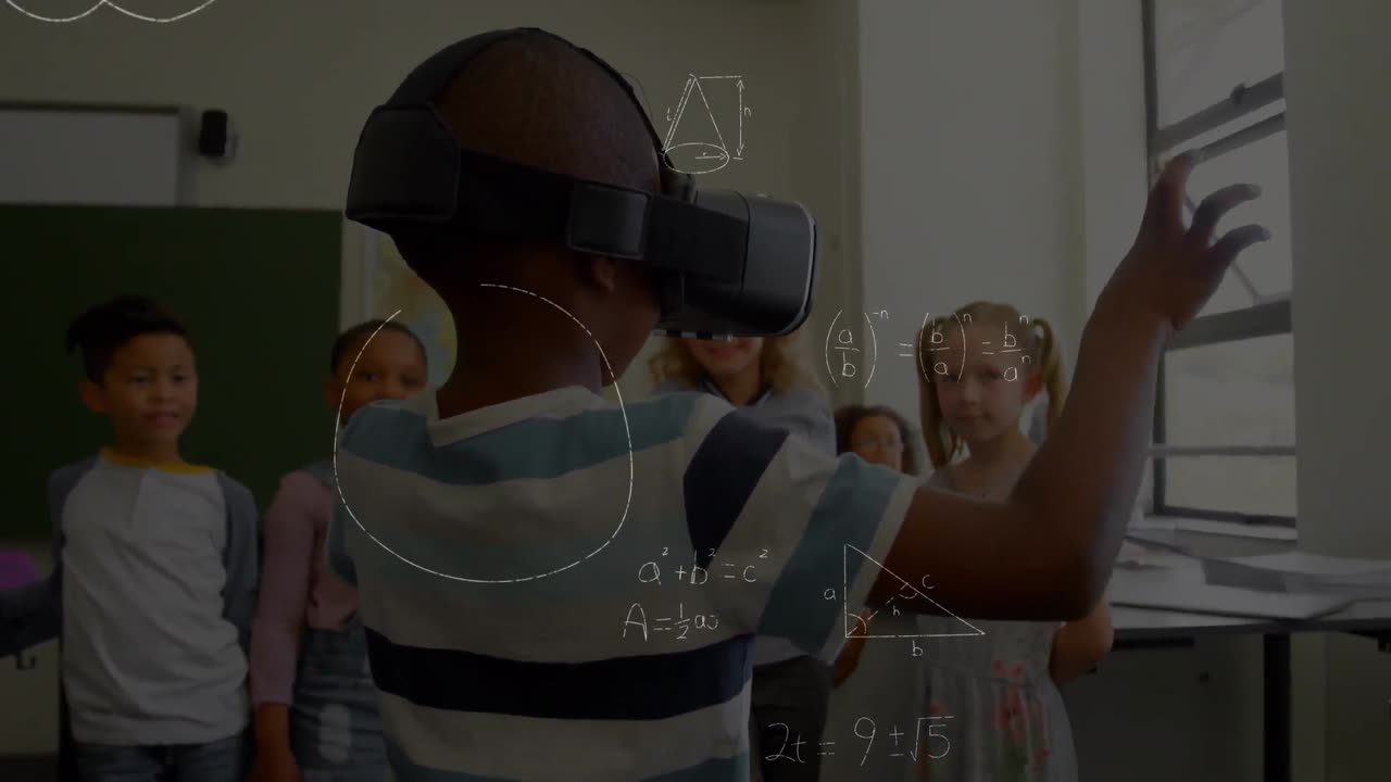 Animation of mathematical formulas over schoolboy using vr headset