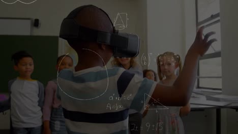 animation of mathematical formulas over schoolboy using vr headset