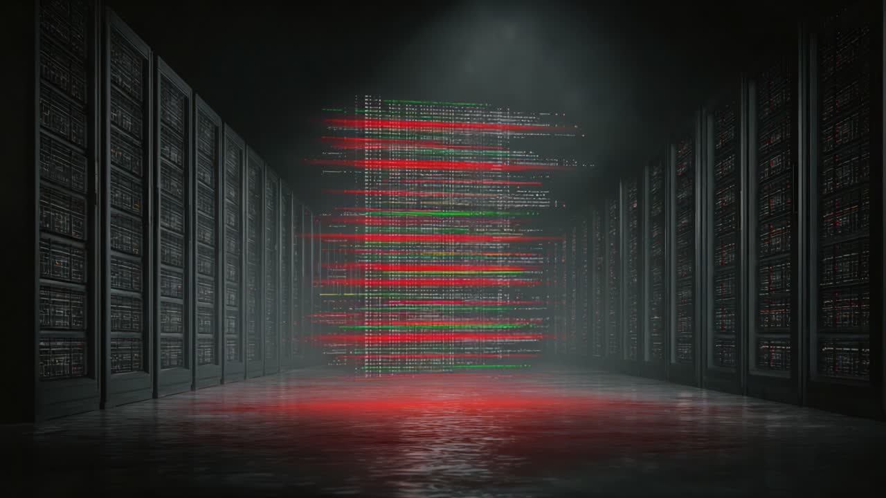 A Sobering Glimpse into the Digital Abyss: A Data Processing Environment with Streaks of Light Emitting from Central Constructs Amidst Server Infrastructure