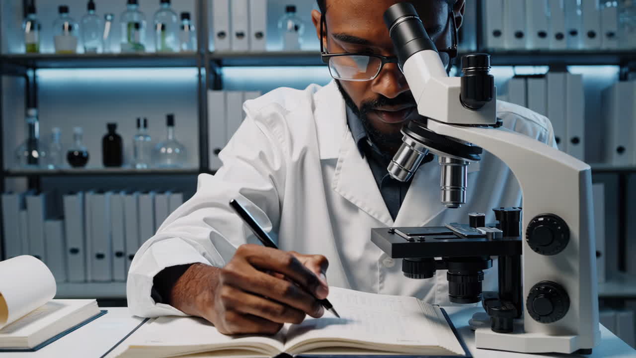 Scientist working in a laboratory with a microscope and taking notes