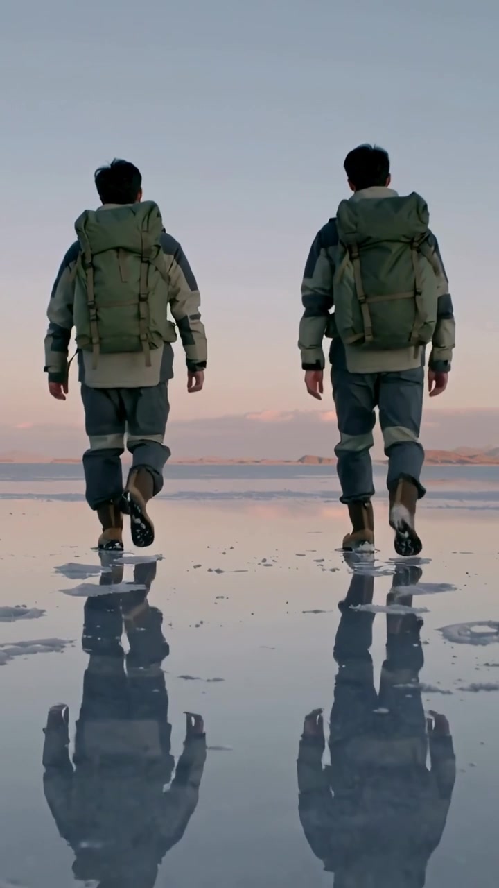 Vertical video: Walking two hikers in green jackets moving across salt flat with packs for sunrise