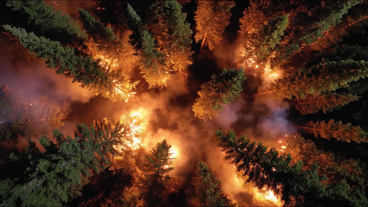 Vista aerea di un devastante incendio boschivo che avvolge alti pini, che mette in evidenza le intense fiamme e i modelli di fumo nella natura selvaggia sottostante