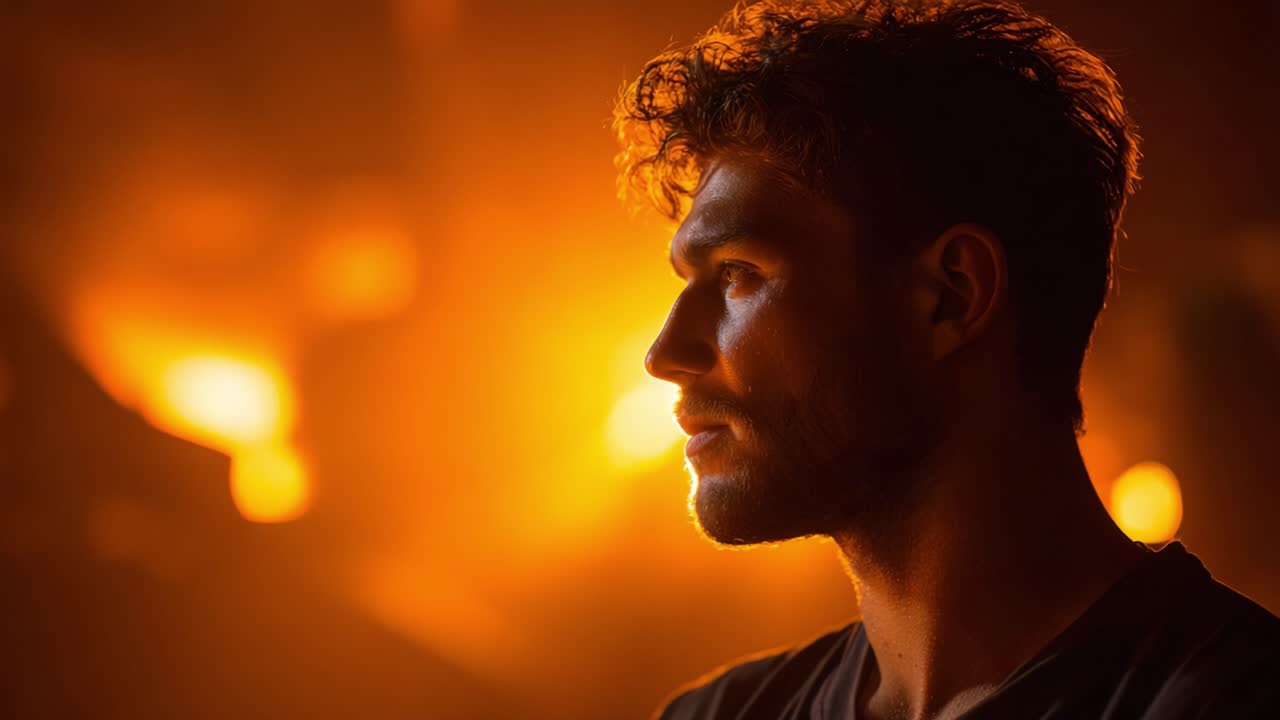 A Captivating Profile of a Man Against an Ethereal Orange Backdrop Highlighting His Contemplative Expression Amidst a Warm and Dreamy Atmosphere