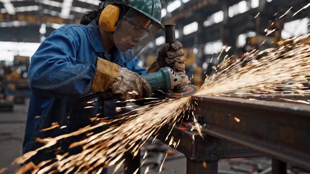 Trabalhador Qualificado Esmerilhando Metal em Oficina Industrial, Faíscas Voando e Concentração Focada, Demonstrando Habilidade e Medidas de Segurança em Ação