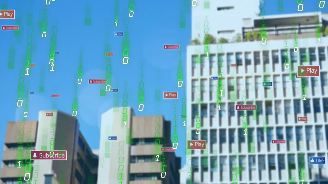 3D render office buildings streaming translucent green binary code and floating social media icons