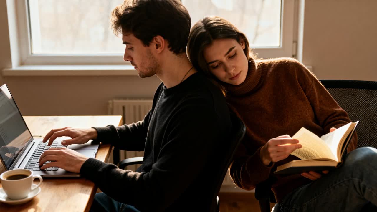 Um homem, vestindo malha, digita em seu laptop na escrivaninha, enquanto uma mulher se inclina para ler um livro, com uma xícara de café por perto.