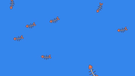 animation of multiple fish skeletons floating on blue background