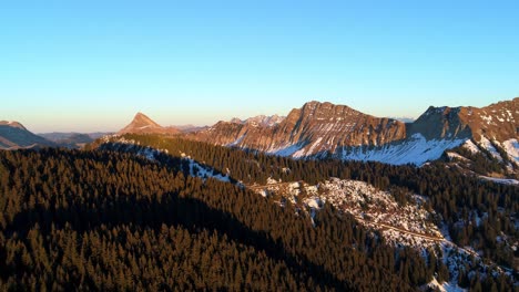 sunset light over mountains with partial snow patches
overflying pine forest, autumn colors