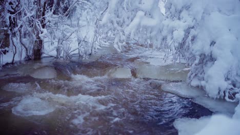 cold scene of a frozen river stream flowing during wintertime