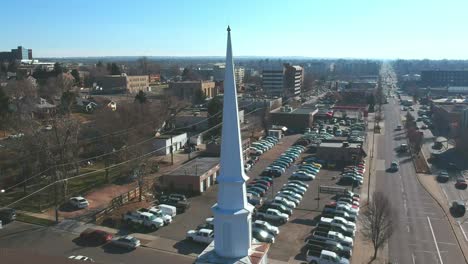 A-slow-pan-next-to-a-church-steeple-along-a-busy-street