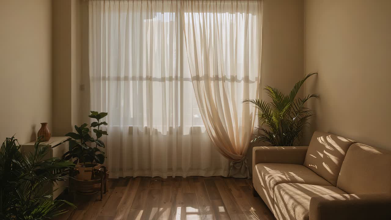 Billowing central sheer curtain, breeze knotting lower panel and shifting floor and sofa shadows