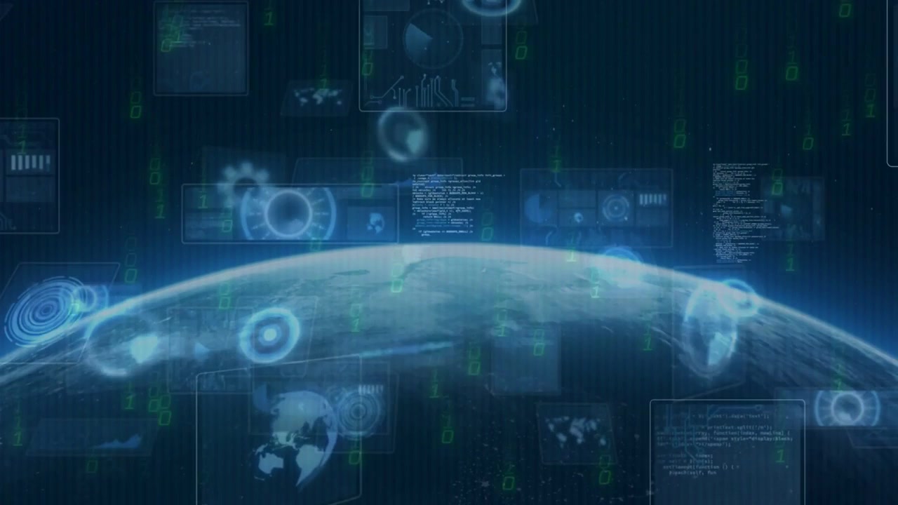 Planetary horizon revealing surface while green digits spawning HUD panels, forming data network