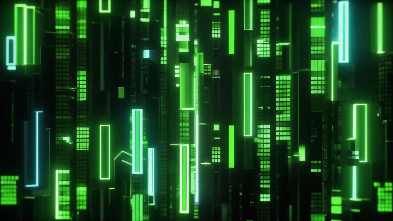 Abstract Digital Cityscape with Glowing Green Neon Lights