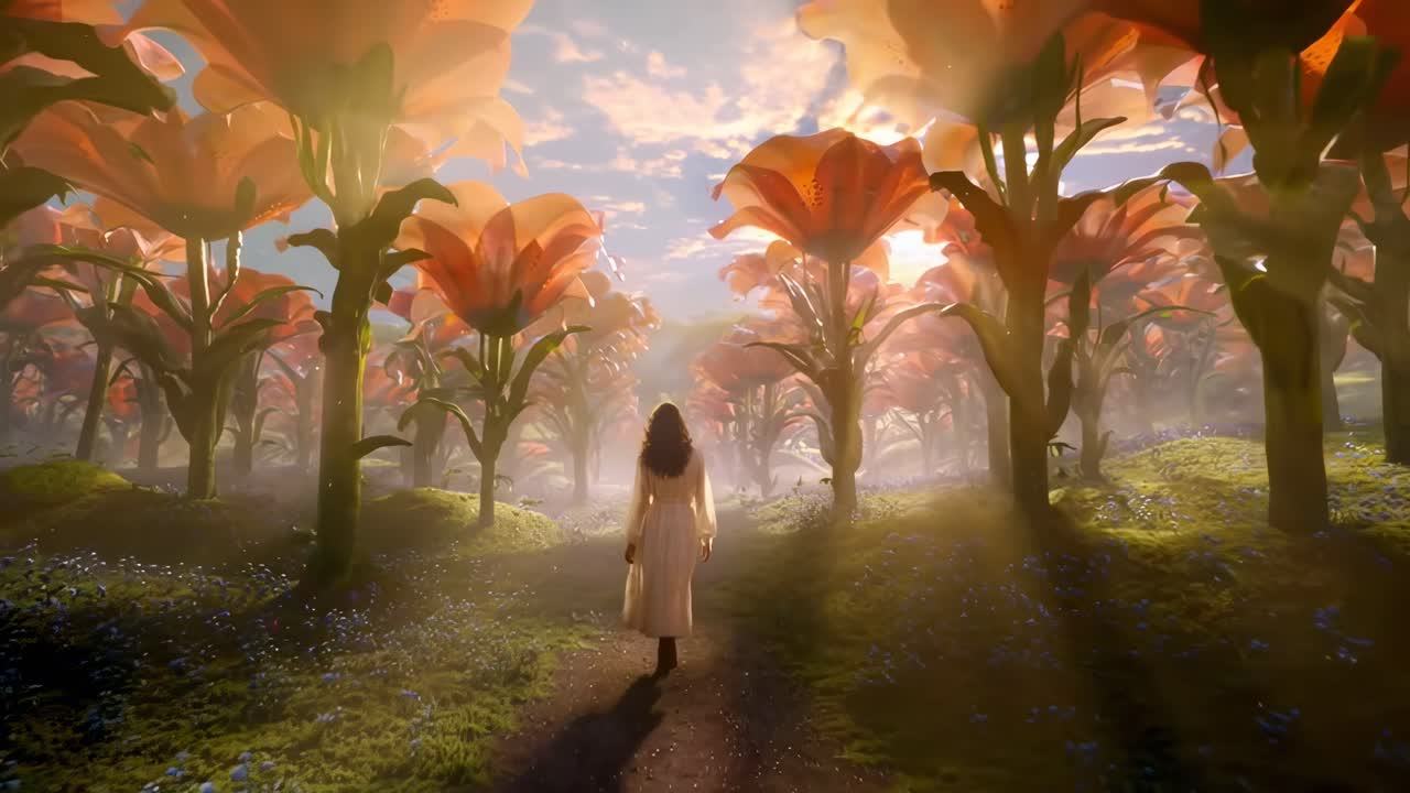 Donna Cammina Attraverso un Paesaggio Surreale di Fiori Giganti Luminosi