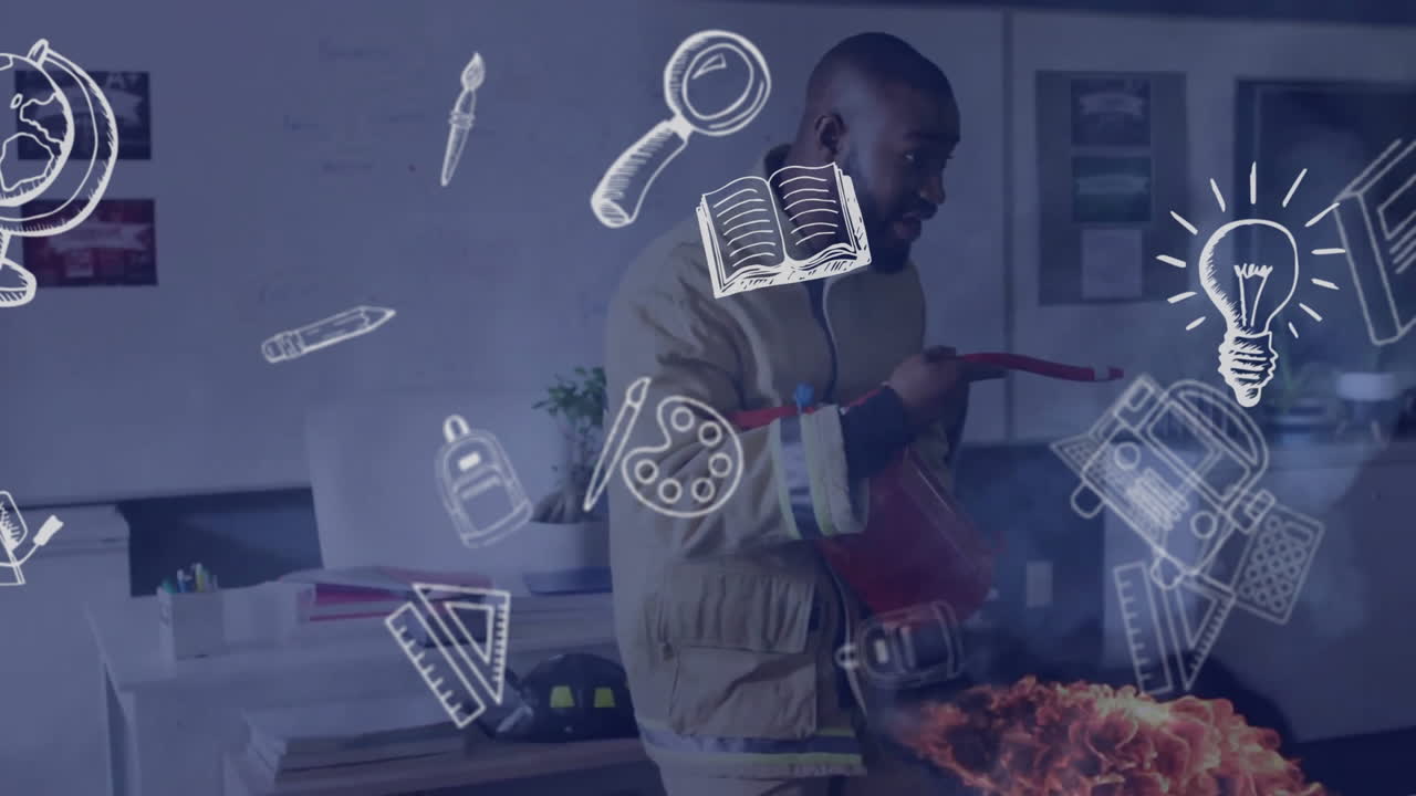 animación de objetos escolares iconos y llama sobre feliz diverso maestro masculino con los estudiantes en el aula
