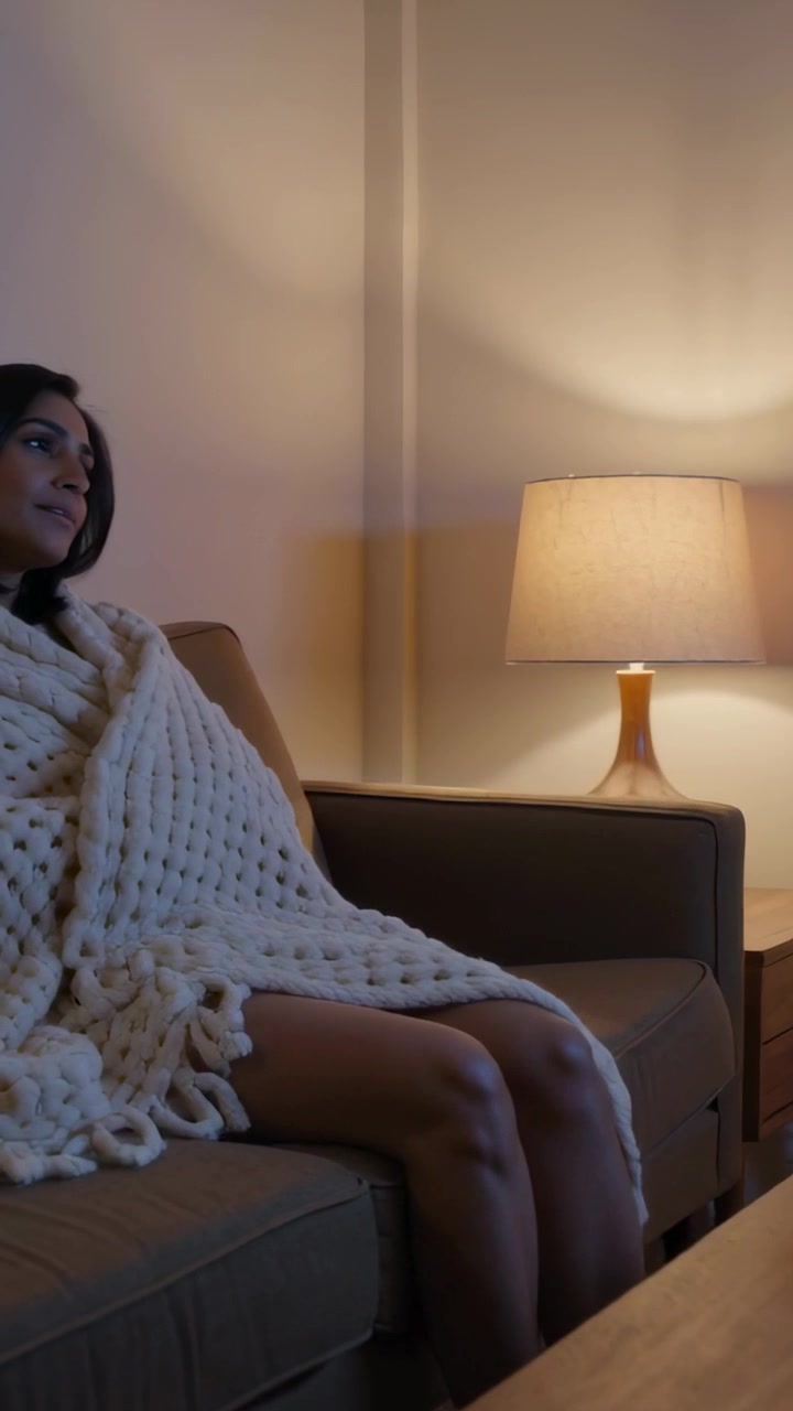 Video verticale: Donna che si allunga per avvolgere una coperta sulle ginocchia sul divano di casa, popcorn, lampada, spazio per il testo
