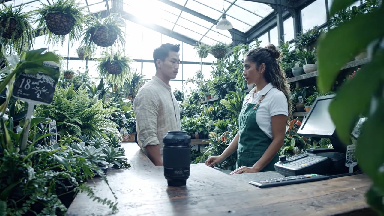 Una conversación cautivadora en un exuberante invernadero lleno de plantas vibrantes, flores impresionantes y luz natural que crea un ambiente cálido y acogedor