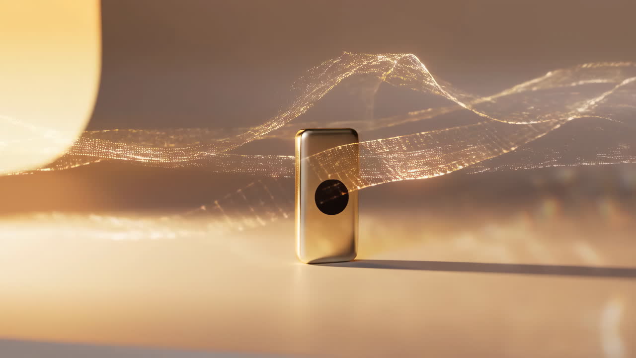 Golden Futuristic Device with Luminous Particle Waves