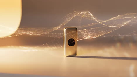 golden futuristic device with luminous particle waves