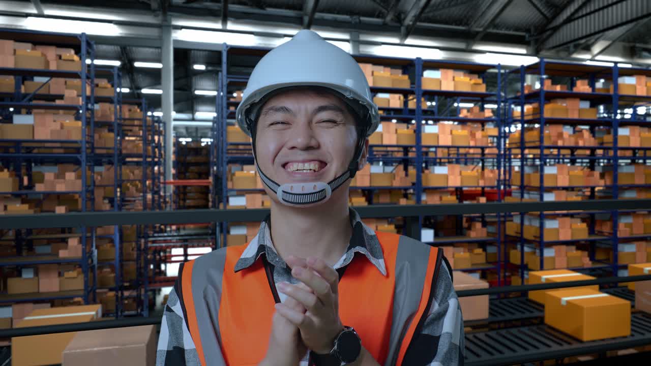 안전 헬을 입은 아시아 남성 엔지니어가 배달 물품으로 가득 찬 선반과 함께 창고에 서서 카메라에 미소 짓고 창고에서 손을 치고 있습니다.