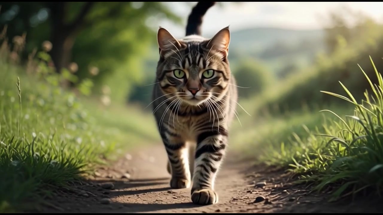 Gatto soriano che cammina lungo un sentiero sterrato in campagna.