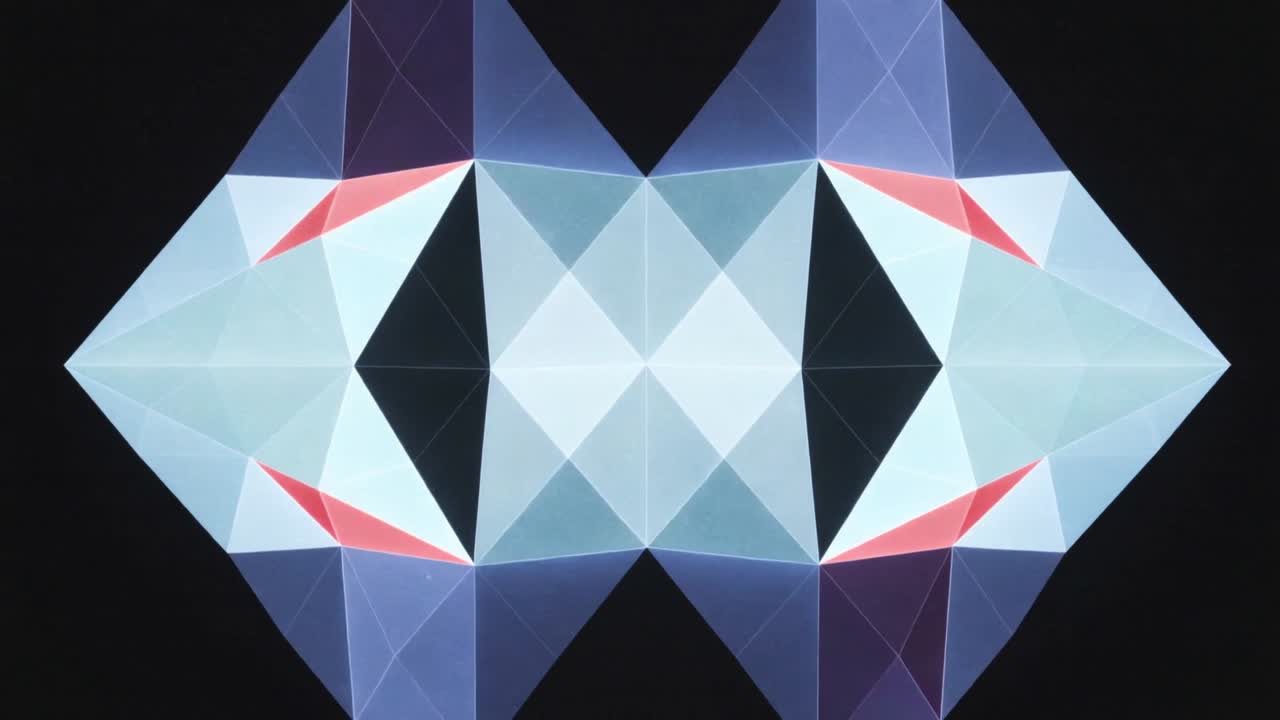 Animating mirrored panes morphing in five frames on black void, forming diamond, completing cycle