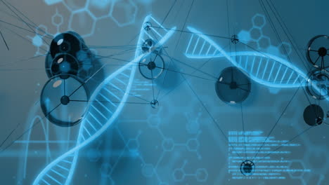 animación de cadenas de adn y estructuras moleculares sobre datos científicos y patrones hexagonales