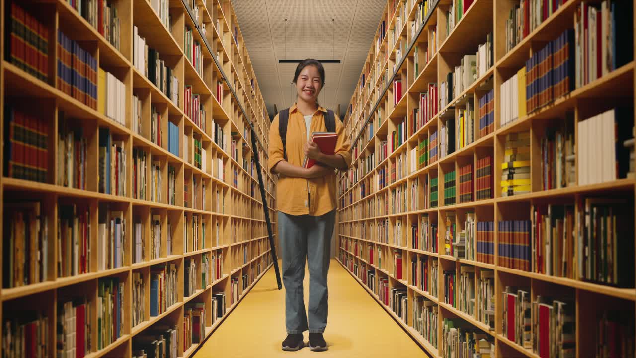 cuerpo lleno de estudiante mujer asiática con una mochila y algunos libros de pie y sonriendo a la cámara en la biblioteca