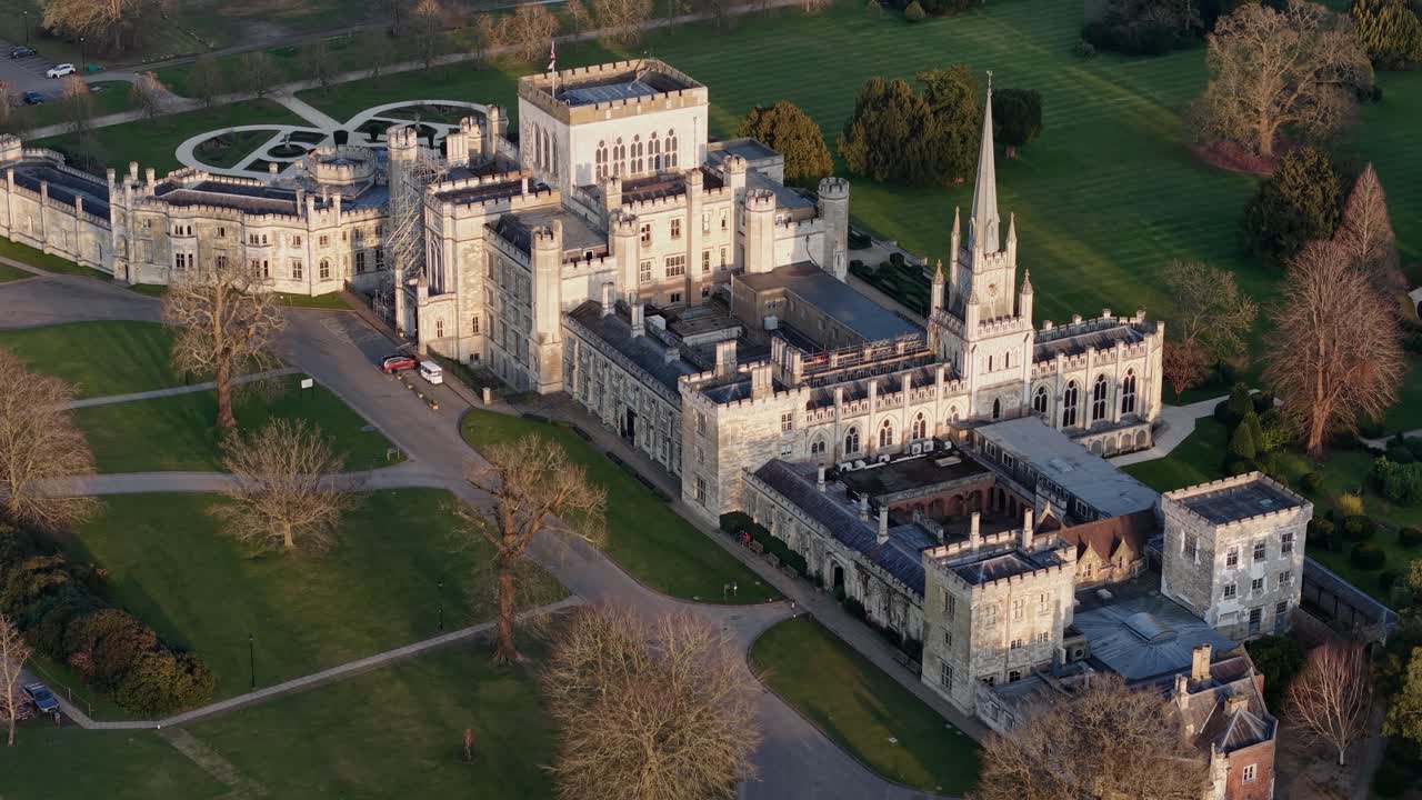 Aerial view of Ashridge House and gardens at sunset, former royal residence, Hertfordshire, UK