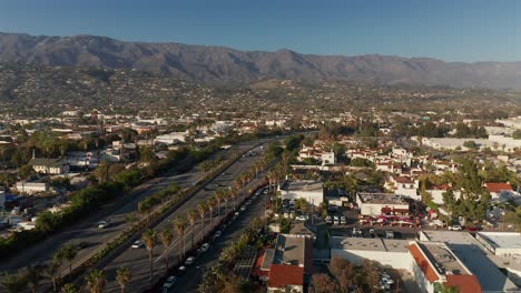 aerial view over the pacific coast highway running through santa barbra, california