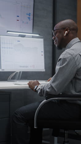 stock exchange trader in wireless headphones having call, monitoring real-time stocks, exchange market charts on multi-monitor desk setup. african american investment agent working. vertical shot.