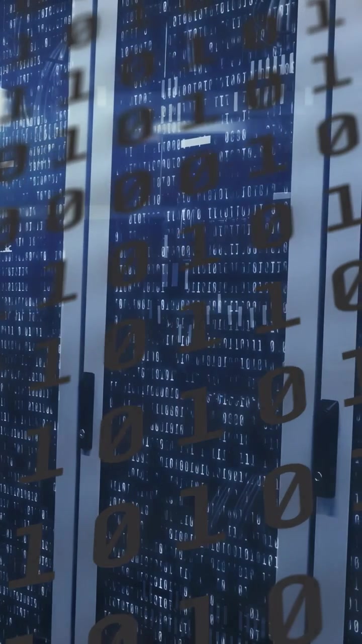 Vertical video: Camera panning right revealing binary overlay sliding over racks, showing data flow