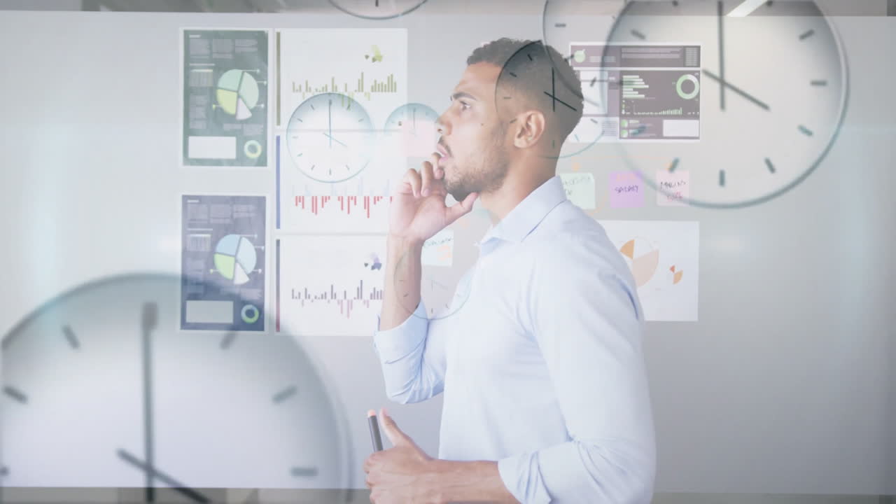 hombre pensante en la oficina con gráficos en la pared, animación de reloj sobre la escena