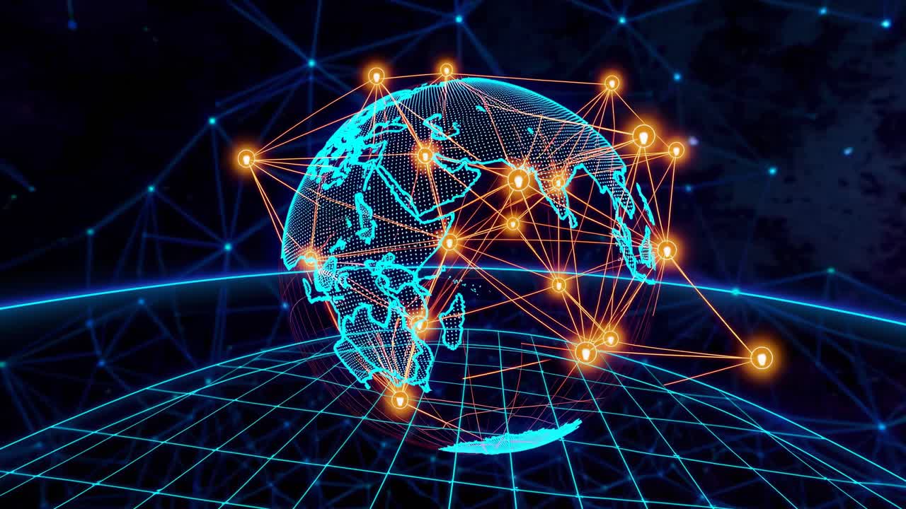 Futuristic video of a digital globe from a low angle, highlighting global connections