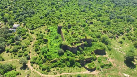 Aerial-drone-shot-of-an-Ancient-fort-or-castle-abandoned-and-covered-with-thick-green-forest-in-Gwalior-Madhya-Pradesh-India