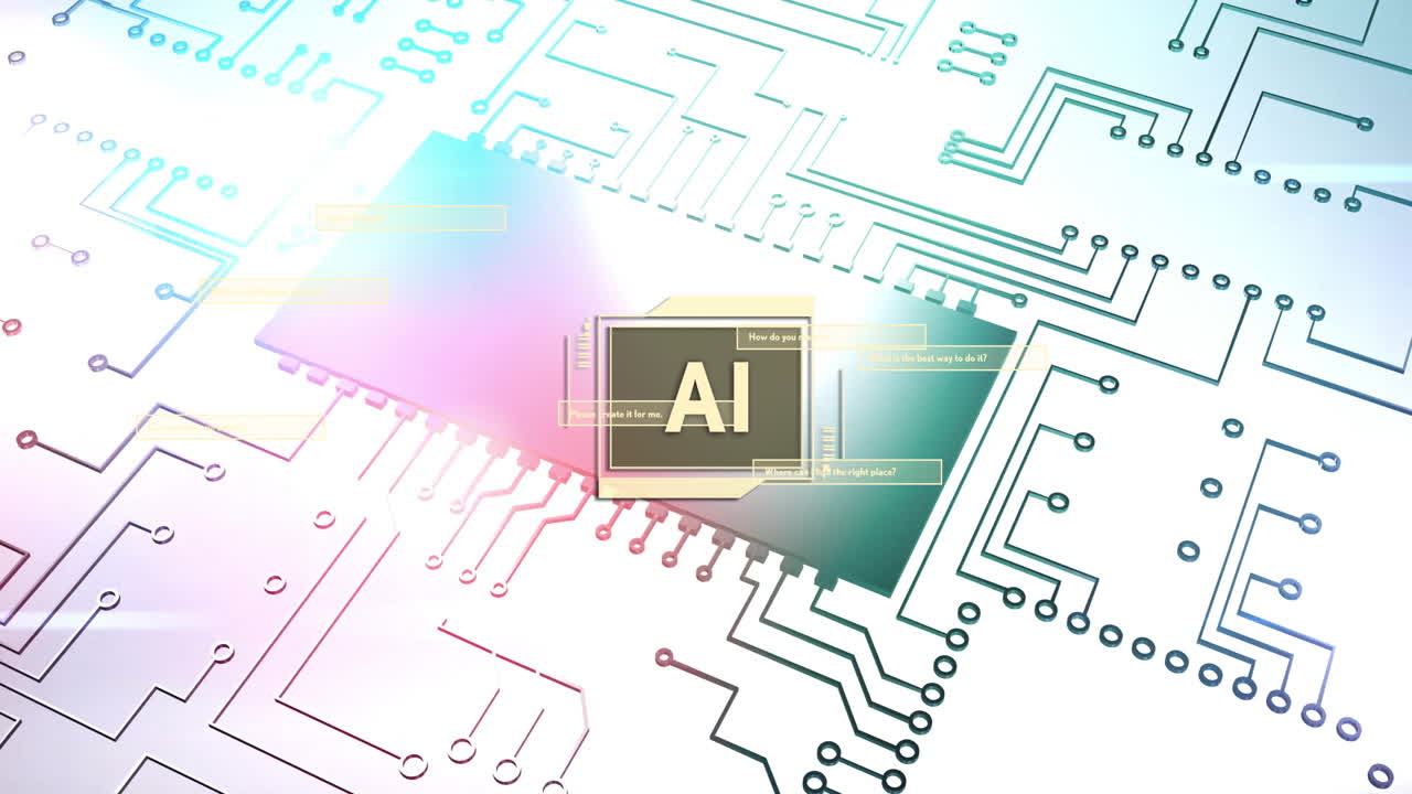 Animation of ai text with data processing over computer circuit board