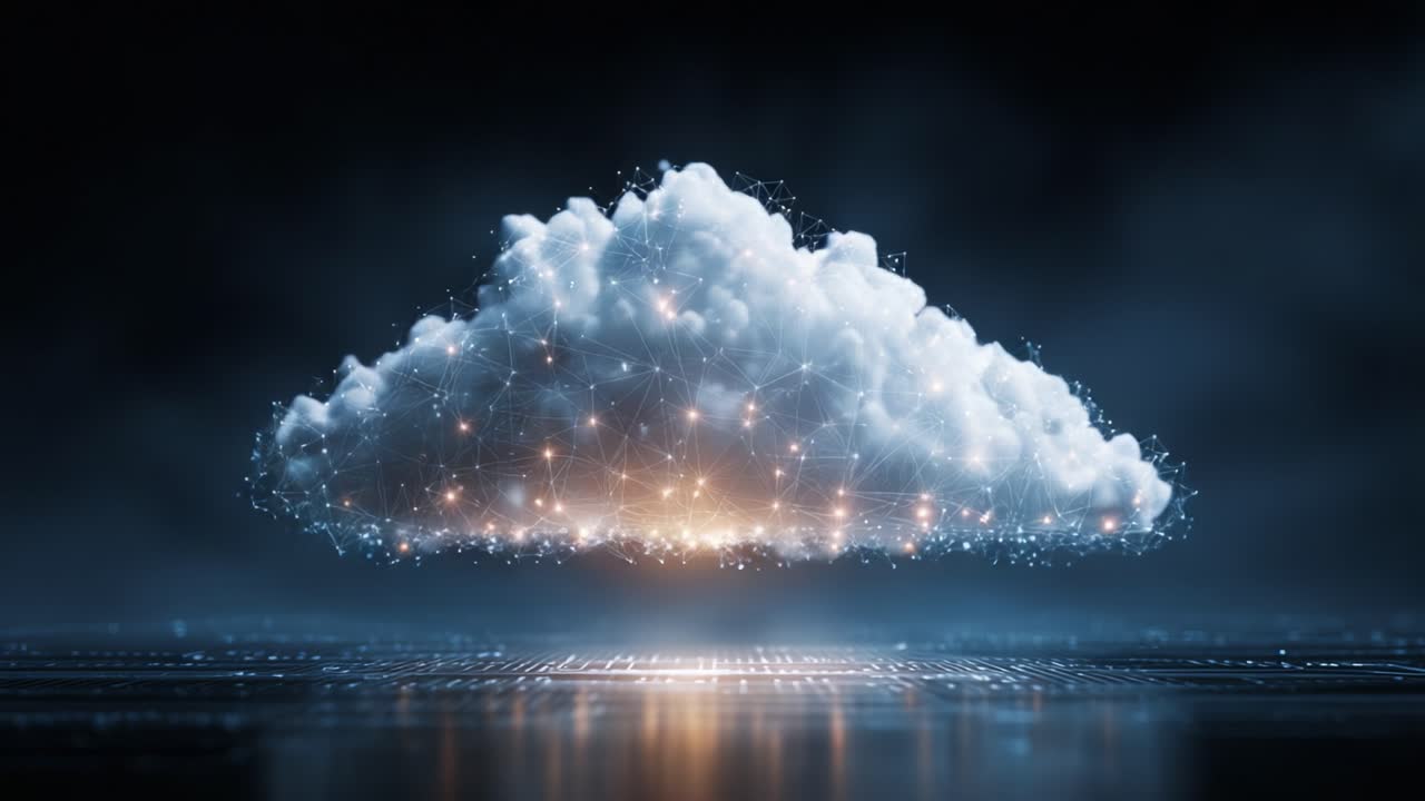 A Captivating Cloud Formation Illuminated with Data Connectivity, Symbolizing the Intersection of Digital Technology and Nature in a Futuristic Landscape