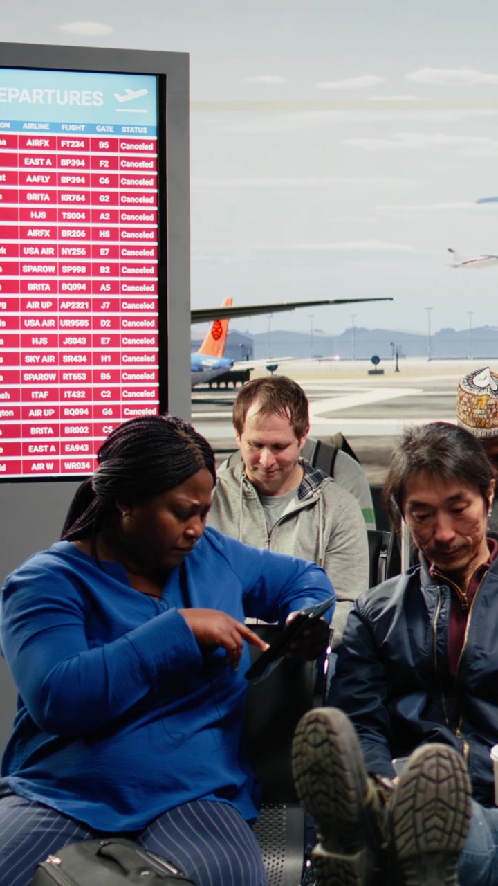 Vertical video Bored tourists in airport lounge wait for another plane after cancelled flight