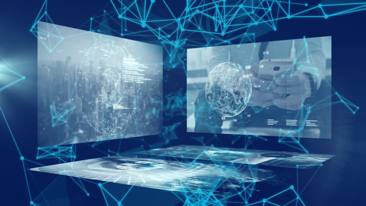 Animation of network of connections and data processing over blue background