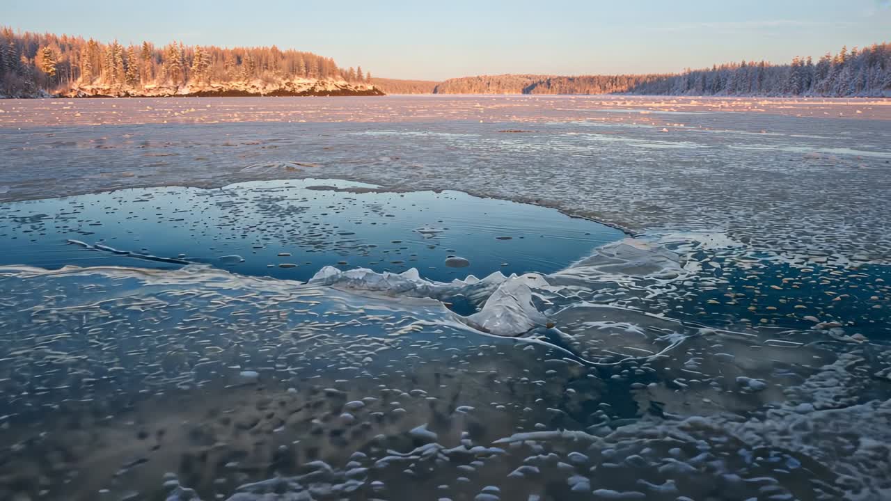 Drone ascending over cracked frozen lake revealing central water hole in golden light snowy forest