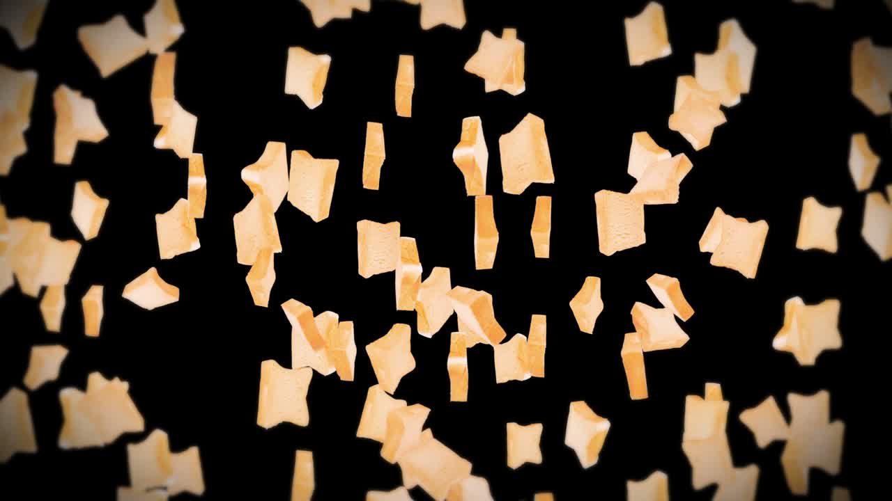 검은색 바탕에 많은 평평한  조각을 날아. 식품, 음식 및 먹는 개념. 밀 조각의 3d 애니메이션 회전. 루프 애니메이션.