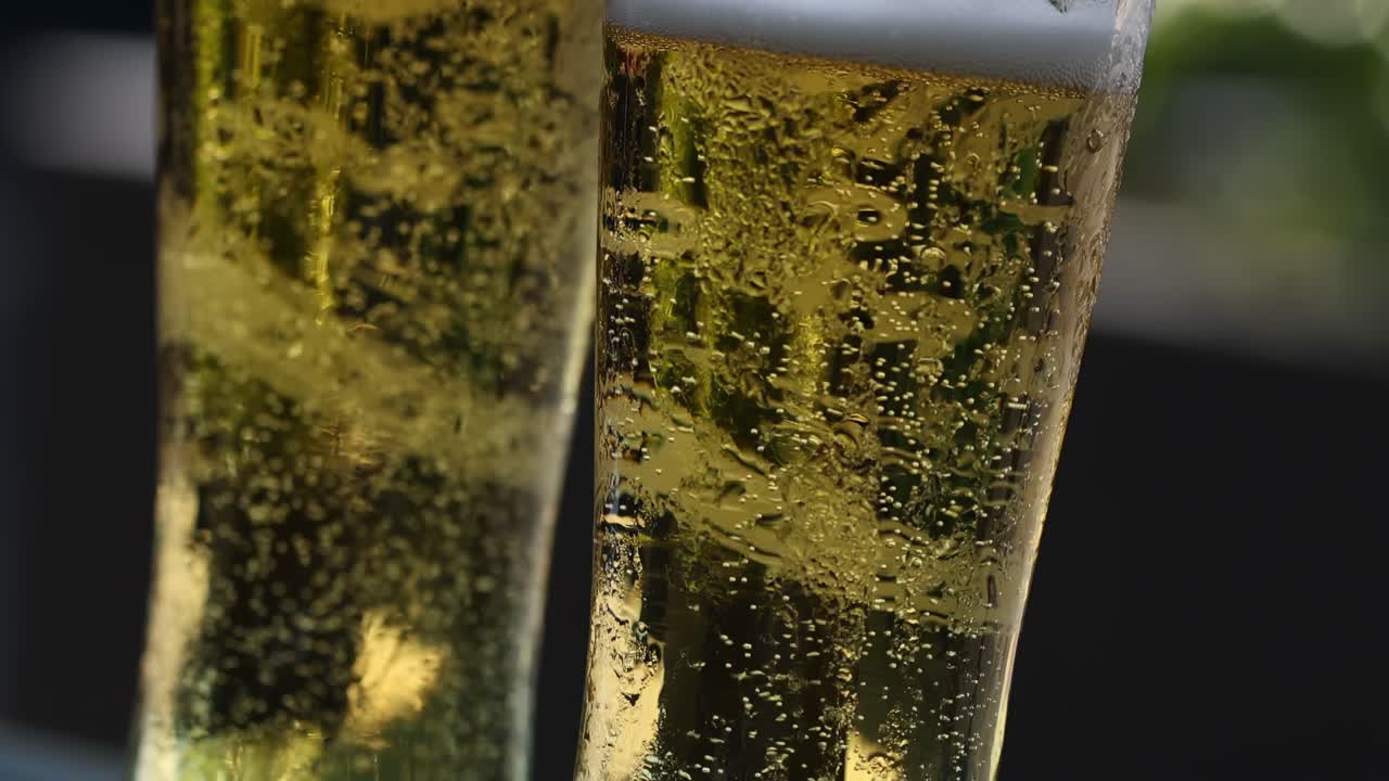 Vista dettagliata di bollicine effervescenti che salgono in due bicchieri di birra adiacenti